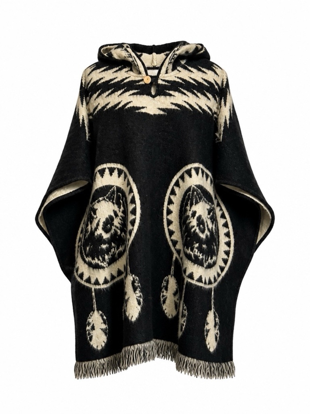 ECUALAMA Alpaca Blend
Hooded Poncho Black White
Native Wolf Pattern Fringe Trim